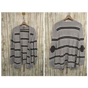 Talbots Womens Cardigan 1X Long Open Academia Ribbed Striped Gray Elbow Patch